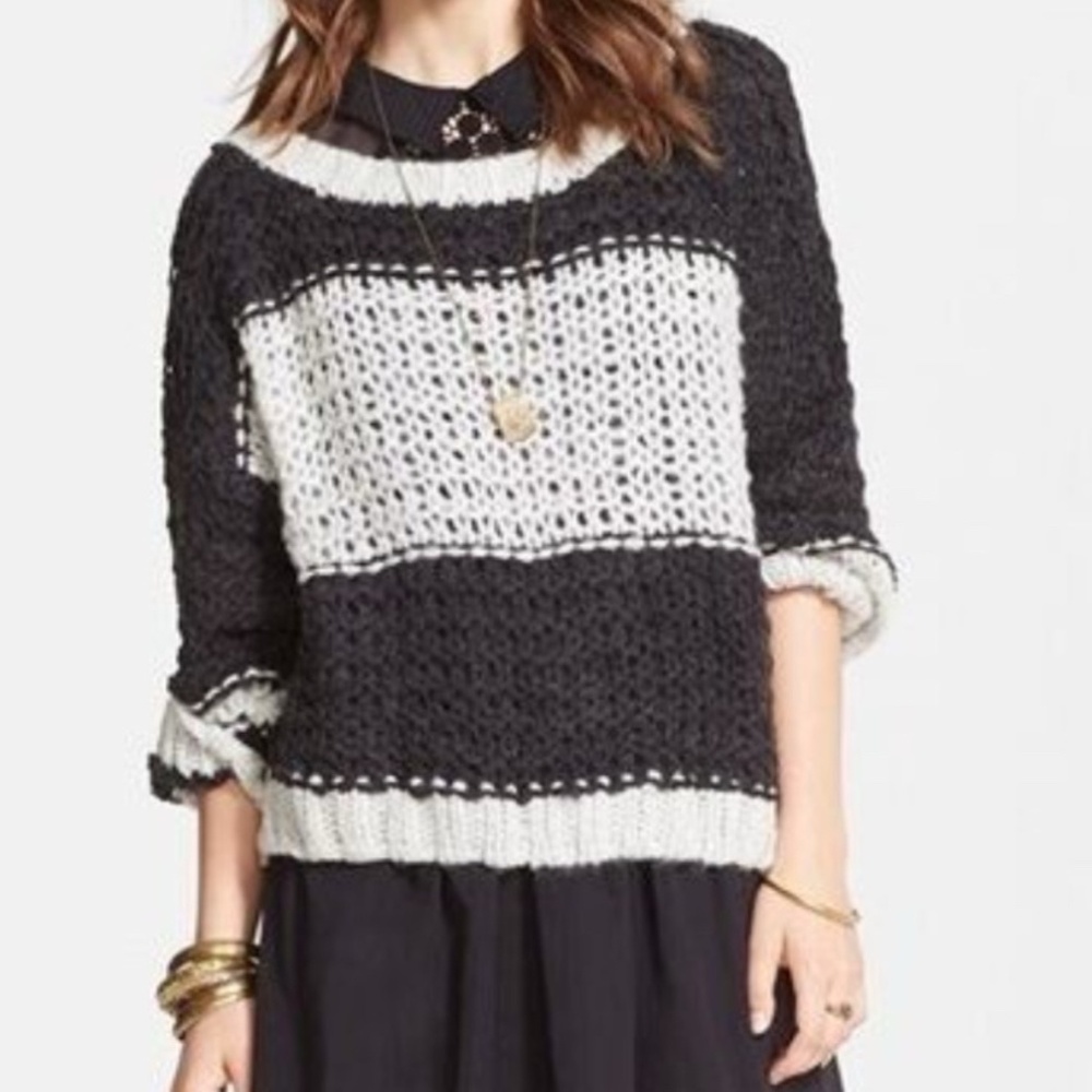 FREE PEOPLE Monaco Stripe Wool Sweater Black White Size Medium M Oversized